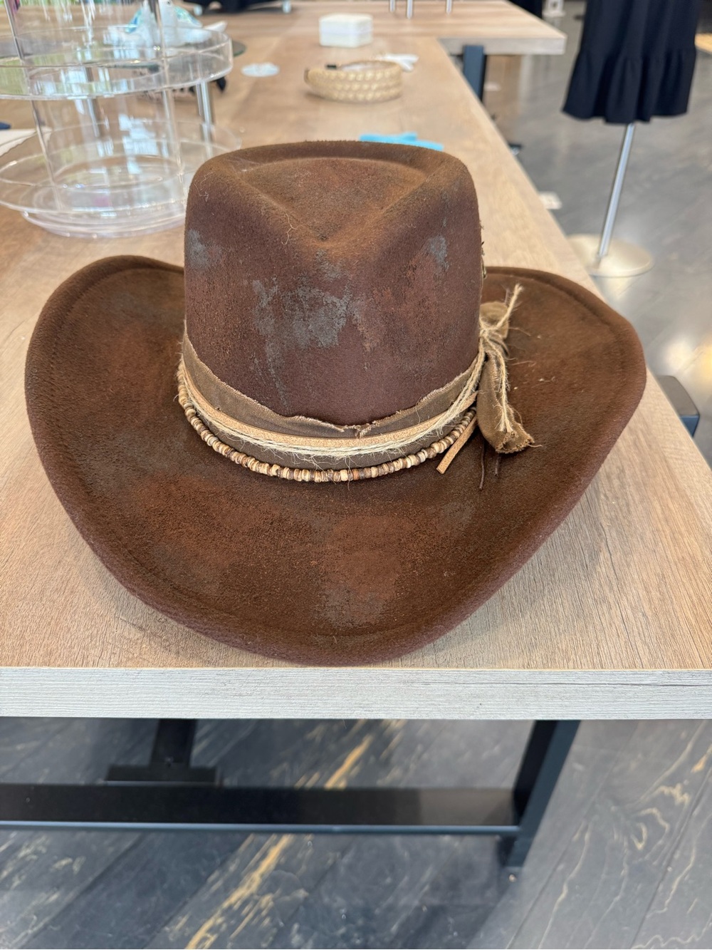 Women’s Brown Distressed Wool Fedora with Twine Band Accent - Picture 2 of 4